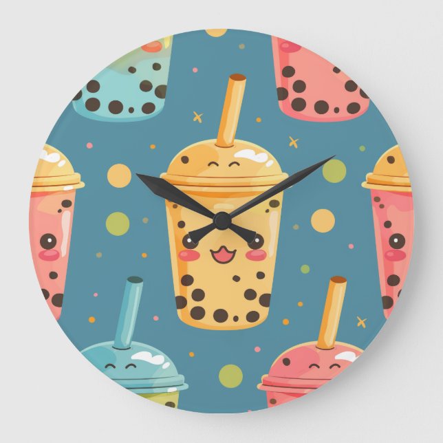 Adorable Kawaii Boba Drink Design Large Clock (Front)
