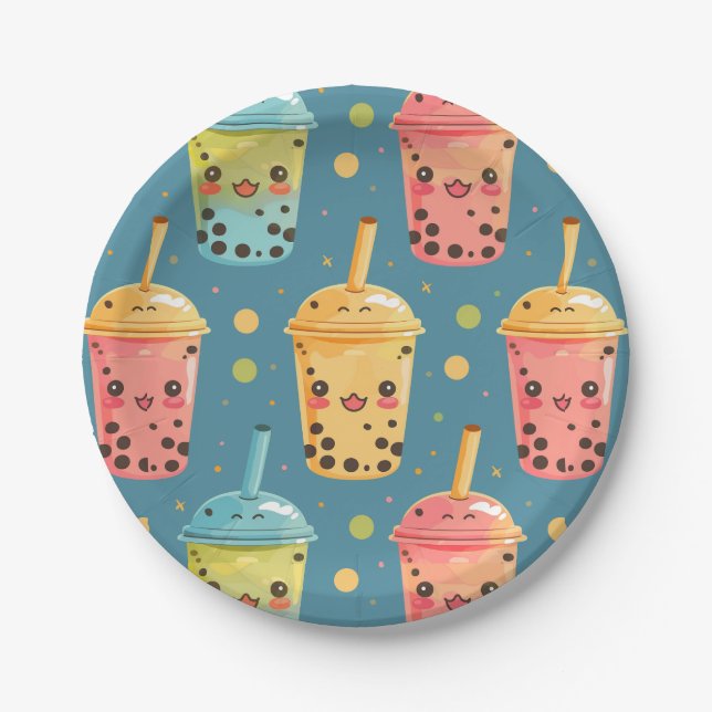 Adorable Kawaii Boba Drink Design Paper Plate (Front)
