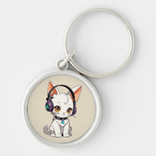 Adorable Kawaii Cat in Headphones Key Ring