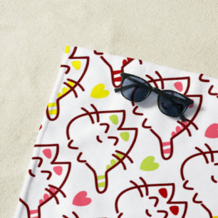 Adorable Kawaii Cats and Hearts Pattern Beach Towel