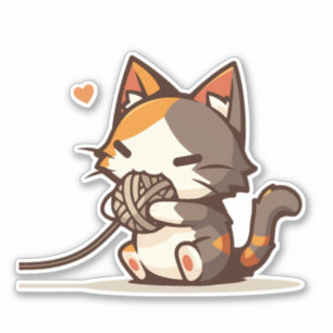Adorable Kawaii Chibi Calico Cat Playing with Yarn