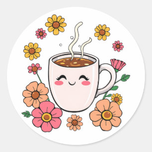 Adorable Kawaii Coffee Cartoon Classic Round Sticker