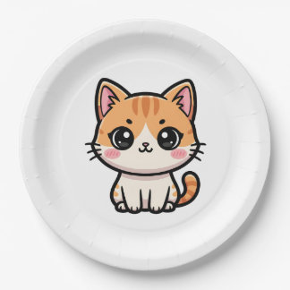 Adorable Kawaii Ginger Cat Illustration Paper Plate
