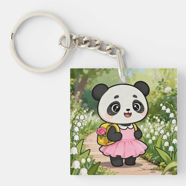 Adorable Kawaii Panda Girl on a Dreamy Path Key Ring (Front)