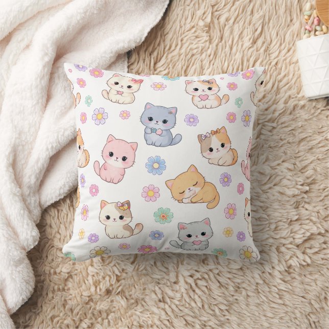 Adorable Kawaii Pastel Kitten and Floral Pattern  Cushion (Blanket)