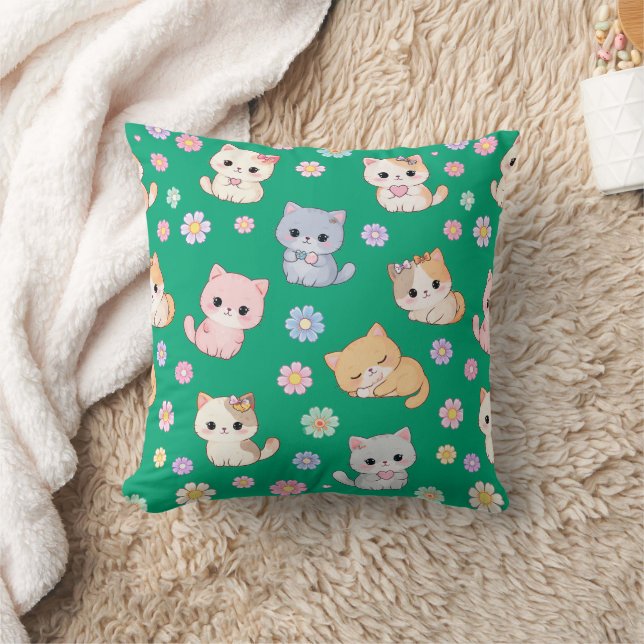 Adorable Kawaii Pastel Kitten and Floral Pattern  Cushion (Blanket)