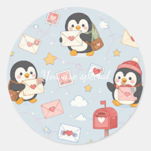 Adorable Kawaii Penguin Love Mail Design Classic Round Sticker