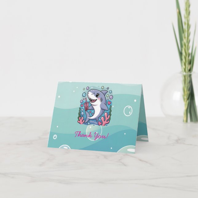 Adorable Kawaii Shark Under The Sea Baby Shower Thank You Card (Front)