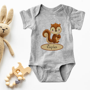 Adorable Kawaii Squirrel Holding Acorn Your Name Baby Bodysuit