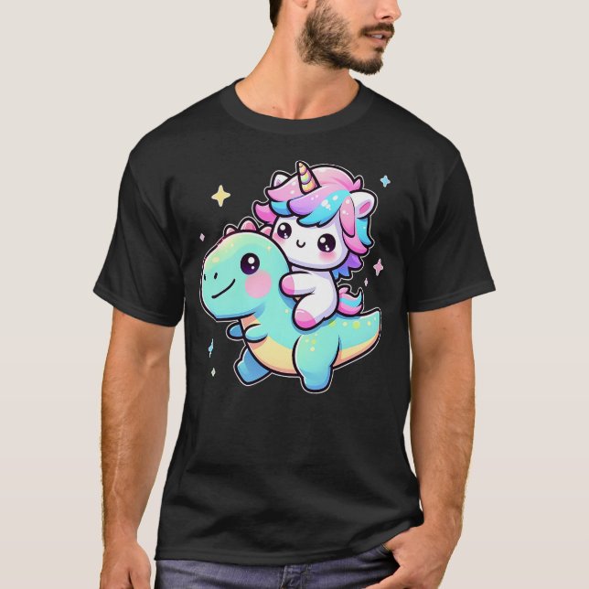 Adorable Kawaii Unicorn Rides Dinosaur T-Shirt (Front)