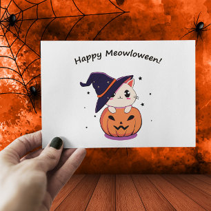 Adorable Kawaii Witch Cat in Halloween Pumpkin Postcard
