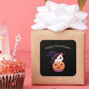 Adorable Kawaii Witch Cat in Halloween Pumpkin Square Sticker