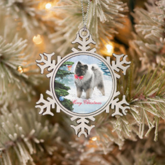 Adorable Keeshond Puppy Snowflake Pewter Christmas Ornament