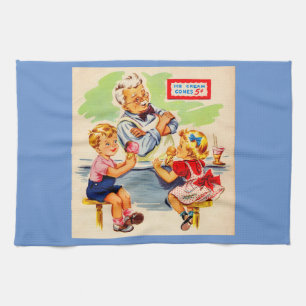 adorable kids at the soda fountain tea towel
