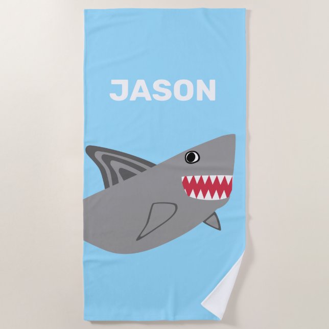 Adorable Kids Grey Shark Blue Boys Fish Beach Towel (Front)
