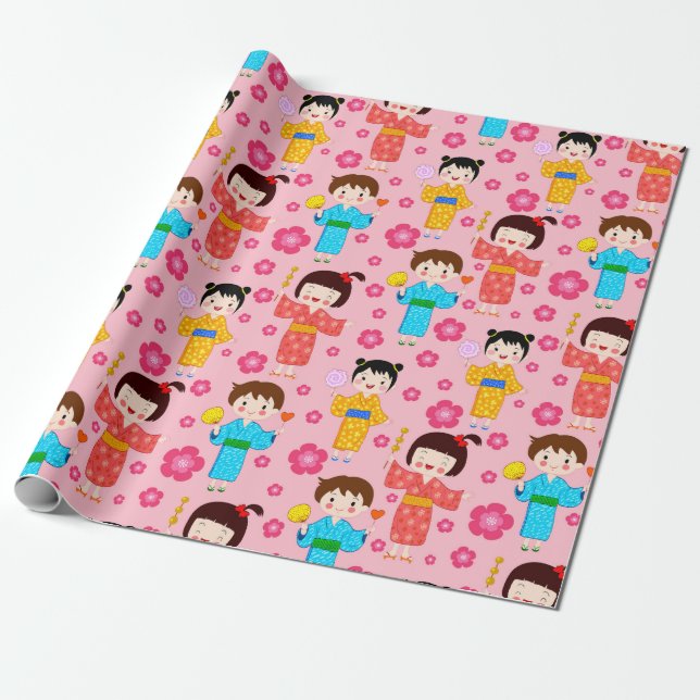Adorable Kids Pattern Wrapping Paper (Unrolled)