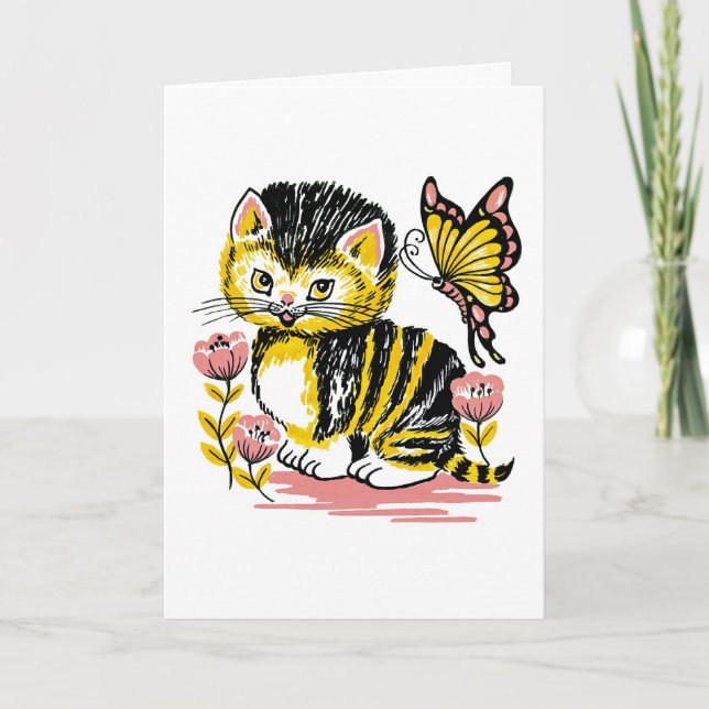 Adorable Kitten and Butterfly Kids Birthday Card (Front)