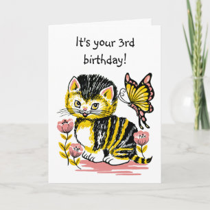 Adorable Kitten and Butterfly Third Birthday Card