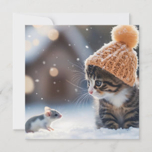 Adorable kitten and mouse in the snow together holiday card