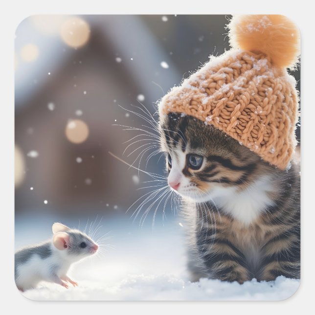 Adorable kitten and mouse in the snow together square sticker (Front)