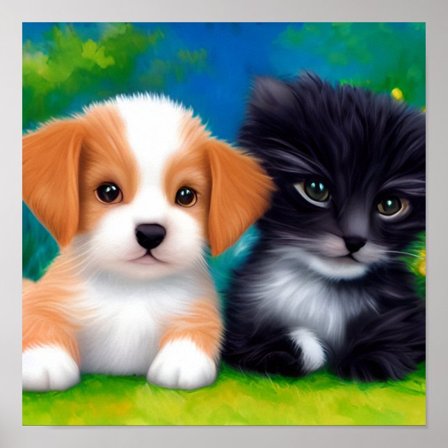 Adorable Kitten And Puppy Relaxing On The Lawn Poster (Front)