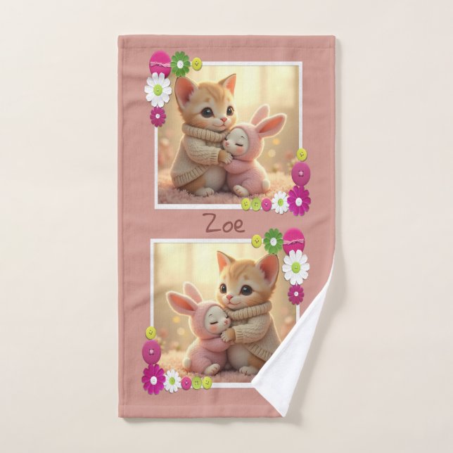 Adorable kitten and tiny baby bunny, personalised  hand towel (Hand Towel)