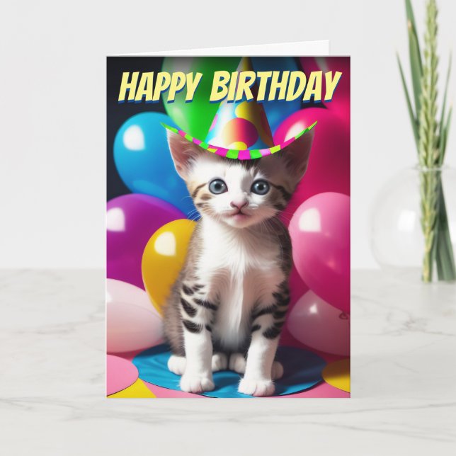 Adorable Kitten Birthday Balloon Bash Card (Front)