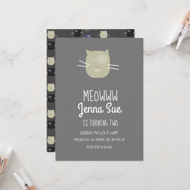 Adorable Kitten Birthday Party Grey Cat Invitation (Front/Back In Situ)