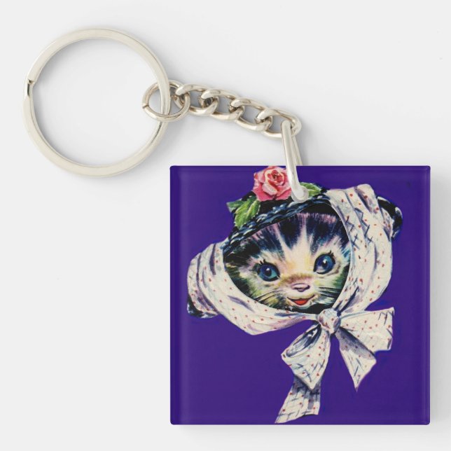 adorable kitten cat in a kitten cat hat key ring (Front)