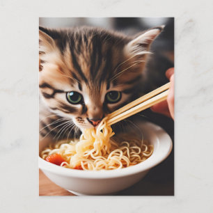 Adorable Kitten Eating Ramen Noodles Postcard