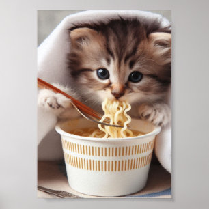 Adorable  Kitten Eating Ramen Noodles Poster