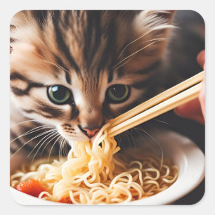 Adorable  Kitten Eating Ramen Noodles Square Sticker