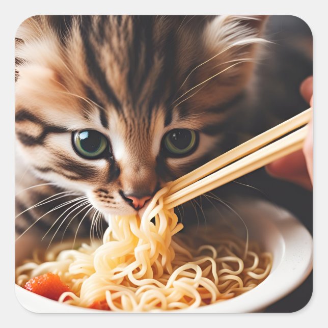 Adorable  Kitten Eating Ramen Noodles Square Sticker (Front)