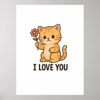 Adorable Kitten Holding Flower – I LOVE YOU Cute Poster