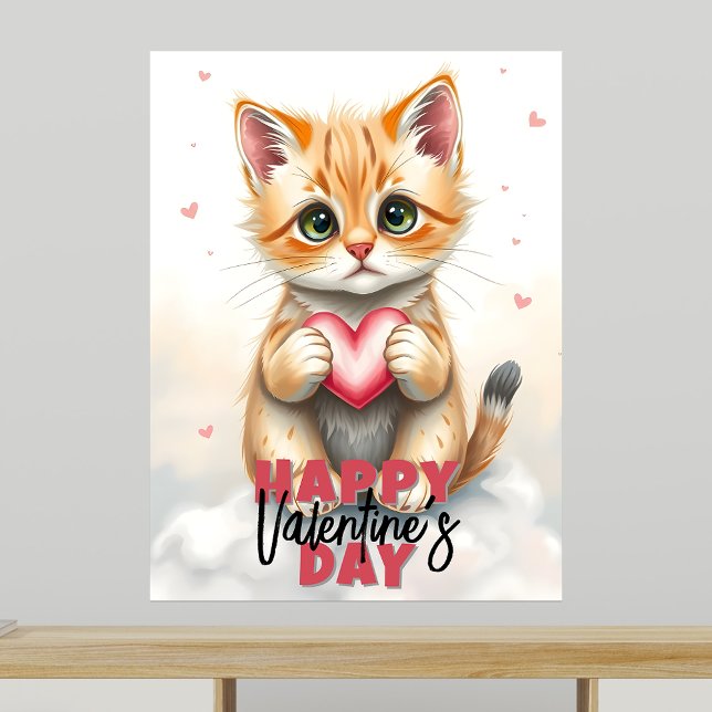 Adorable Kitten Holding Pink Heart Valentine's Day Poster (Creator Uploaded)