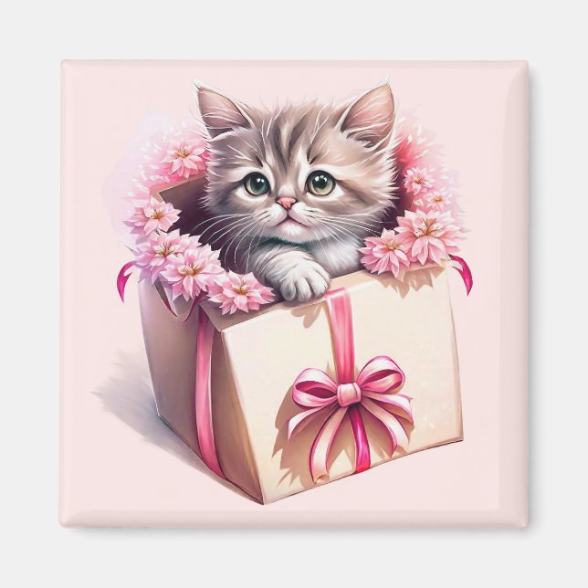 Adorable Kitten in a Box Birthday Gift Magnet (Front)