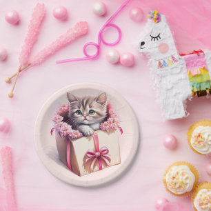 Adorable Kitten in a Box Birthday Gift Paper Plate