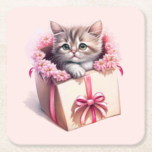 Adorable Kitten in a Box Birthday Gift Square Paper Coaster