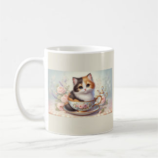Adorable Kitten in a Teacup Vintage Floral Tea  Coffee Mug