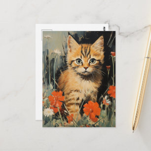 Adorable Kitten in Flowers Vintage Painting Postcard