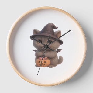 Adorable Kitten in Halloween Witch Costume with Pu Clock