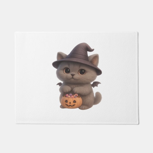 Adorable Kitten in Halloween Witch Costume with Pu Doormat (Front)