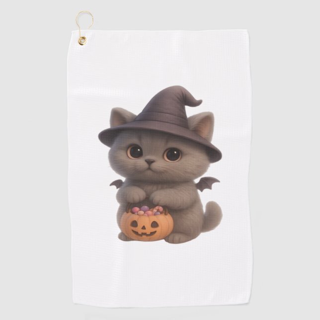 Adorable Kitten in Halloween Witch Costume with Pu Golf Towel (Front)