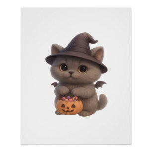 Adorable Kitten in Halloween Witch Costume with Pu Poster