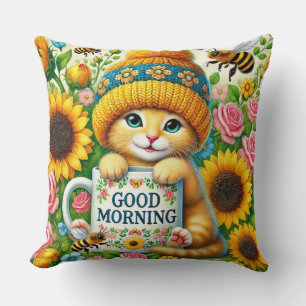 Adorable Kitten in Knit Cap with Sunflowers Cushion