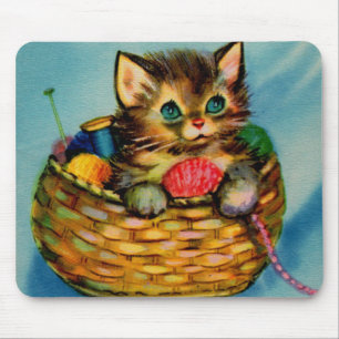 adorable kitten in knitting basket mouse mat