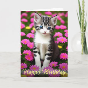 Adorable Kitten in Pink Flowery Field Birthday Card