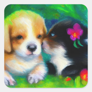 Adorable Kitten Kissing Puppy Impressionist Art Square Sticker