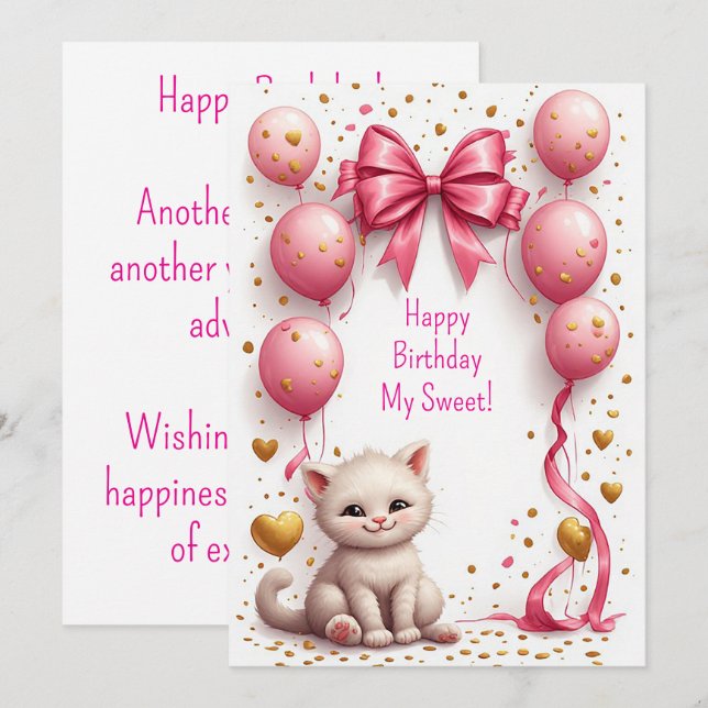 Adorable Kitten Pink Balloon Card 🐱 (Front/Back)