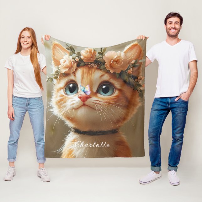  Adorable Kitten Pretty Pink Flowers Butterfly Fleece Blanket (In Situ)